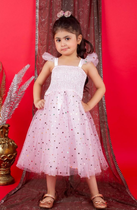 [GDRE011.1] Girl's Satin Knee Length Dress, Pink (2-3 Years)