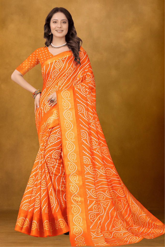 Women's Cotton Silk Printed Saree, Orange