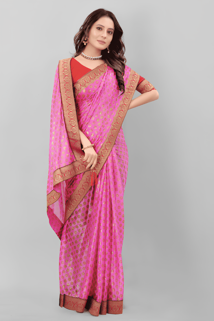 Women's Lycra Foil Print Saree, Pink