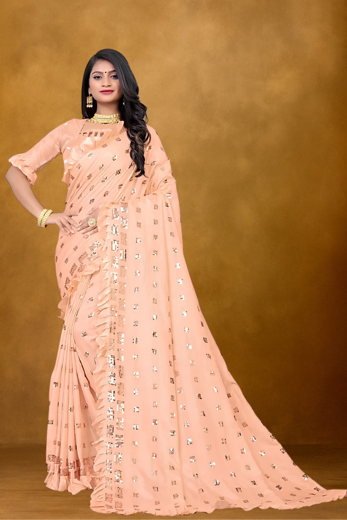 Women's Silk Blend Sequined Ruffle Saree, Peach