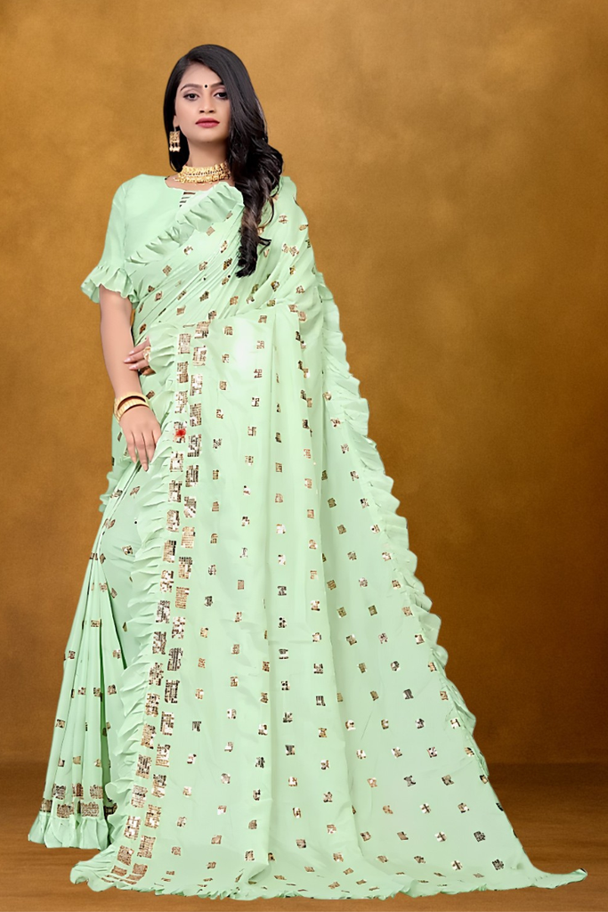 Women's Silk Blend Sequined Ruffle Saree, Green