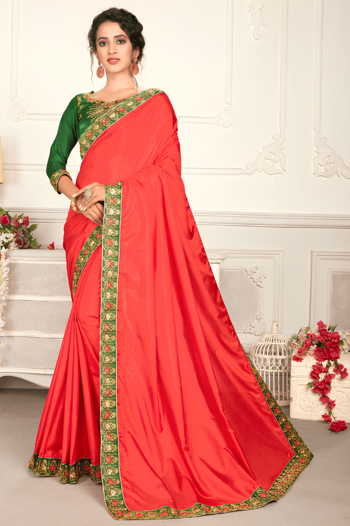 Women's Silk Embroidered Border Solid/Plain Saree, Orange