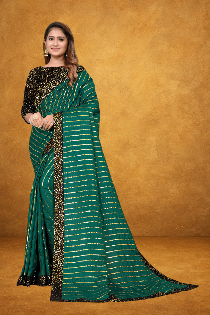 Women's Silk Blend Sequined Saree, Green