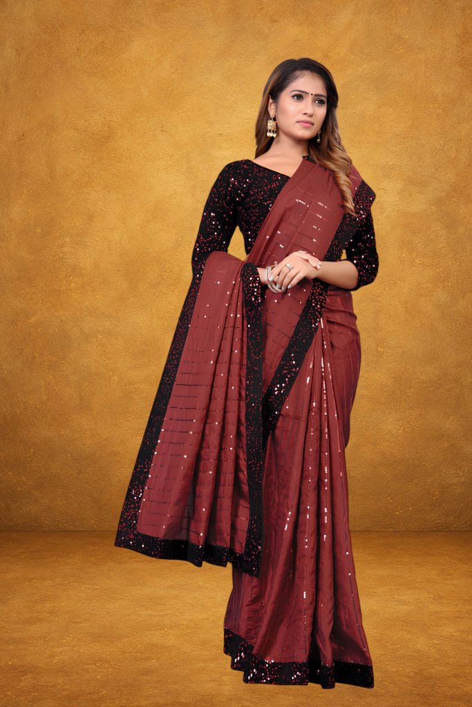 Women's Silk Blend Sequined Saree, Red
