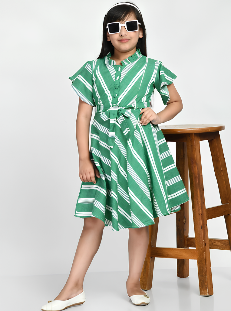 Girl's Cotton Printed Dress, Green