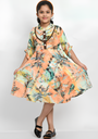 Girl's Cotton Printed Knee Length Dress, Multicolored