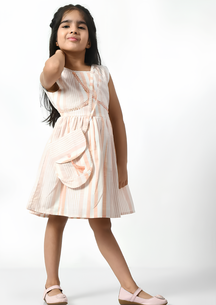 [GDRE009.5] Girl's Cotton Striped Dress with Purse, Pink (10-11 Years)