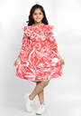 Girl's Cotton Printed Knee Length Dress, Red