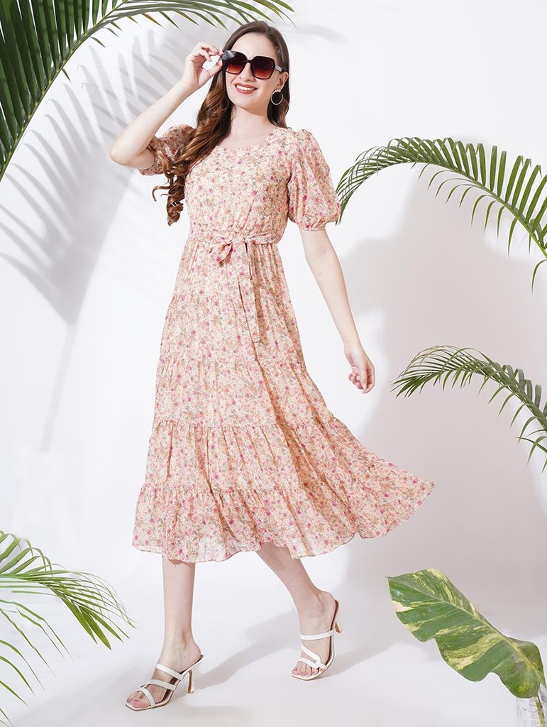 [DRE026.1] Women's Georgette Printed Fit & Flare Midi Dress, Peach (S)