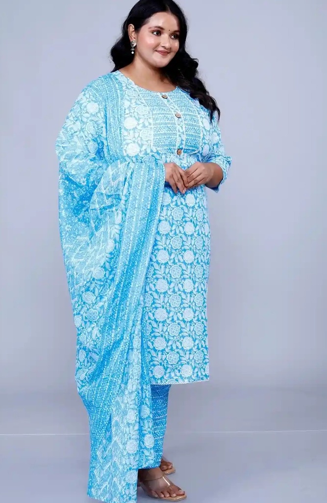 [KUR063.1] Women's Plus Size Cotton Printed Kurta Pant Set with Dupatta, Blue (3XL)
